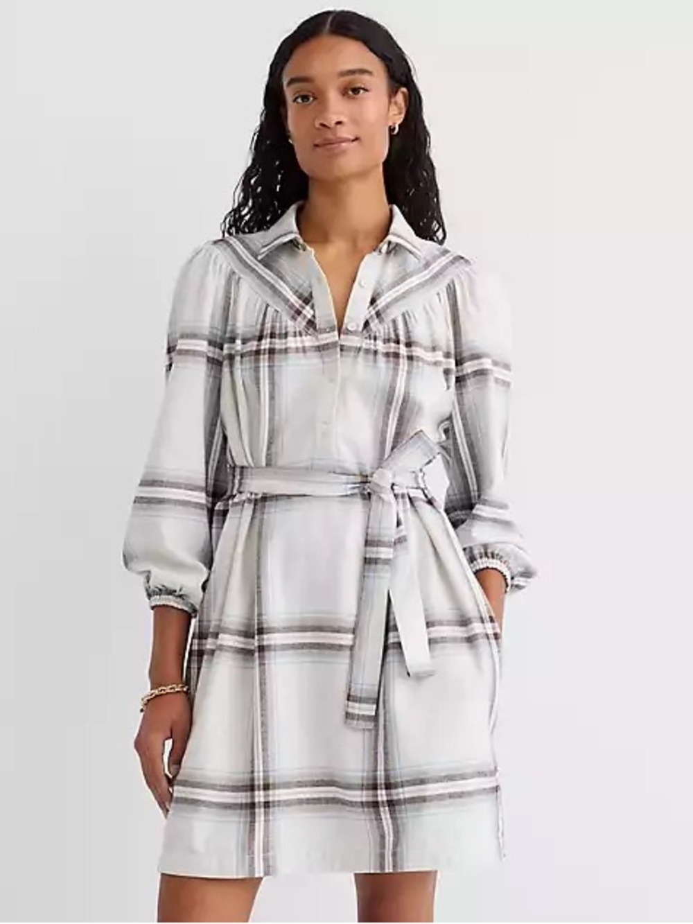 LOFT White and Gray Plaid Belted Shirt Dress